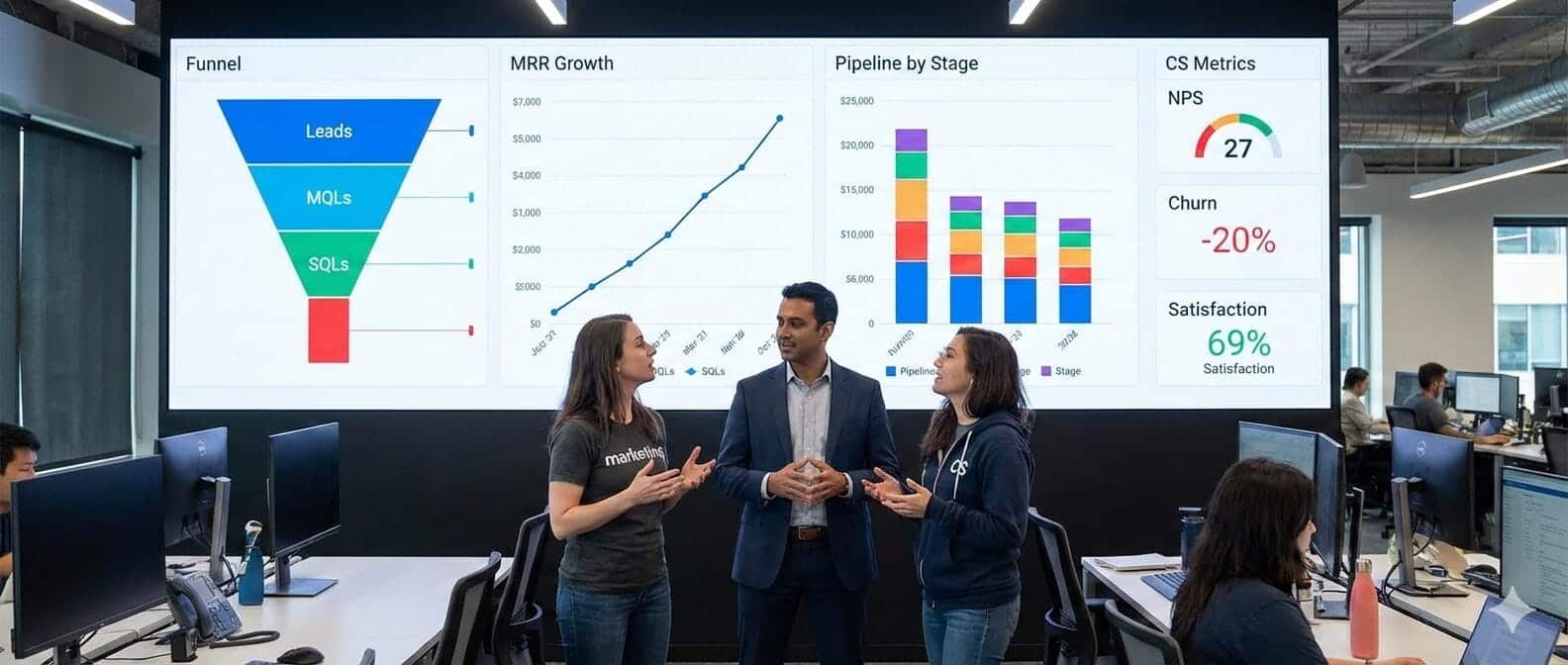 Profissionais de marketing, vendas e customer success analisando juntos um dashboard de CRM com funil, receita e métricas de clientes em uma única tela unificada.