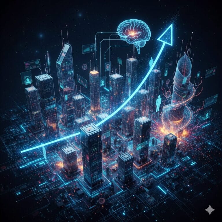 Cidade futurista digital com edifícios conectados por redes de dados azuis neon, um cérebro de IA central brilhando com seta ascendente de crescimento e ícones de analytics flutuando, simbolizando Revenue OS CRM com eficiência agentica e escalabilidade de receita.